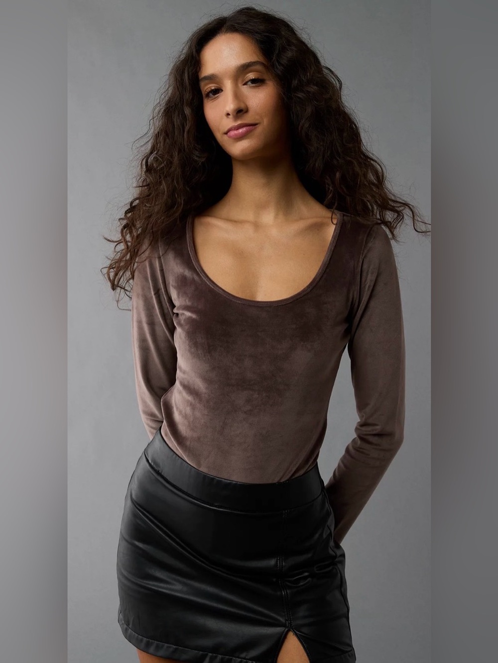 American Eagle Velvet Scoop Neck Long Sleeve Top - Brown/ Size S little stretchy